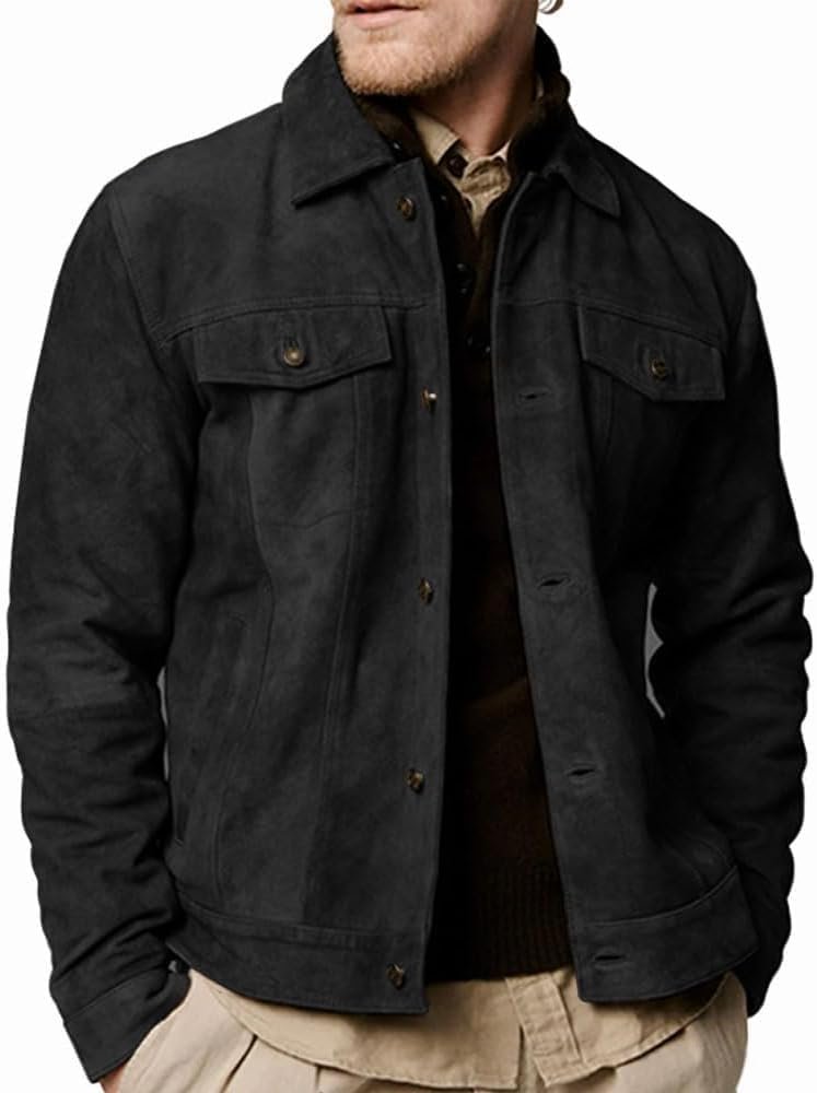Premium Vintage Trucker Suede Leather Jacket Men Genuine Lambskin Men Leather Jackets Shirt Collar Jackets For Men's