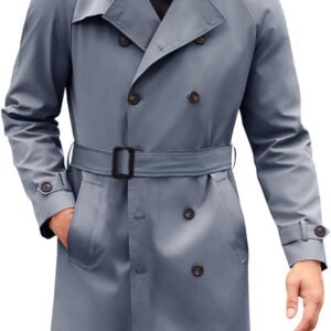Men's Trench Coat Double Breasted Mid Long Jacket Casual Belted Overcoat Notched Lapel Windbreaker