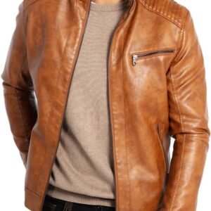 Men's Stand Collar Leather Jacket Motorcycle Lightweight Faux Leather Outwear