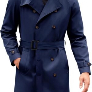 Men's Trench Coat Double Breasted Mid Long Jacket Casual Belted Overcoat Notched Lapel Windbreaker