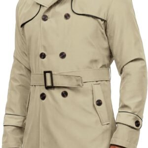 Men's Trench Coat Slim fit Double Breasted Notched Lapel Belted Windbreaker Long Jacket Casual Windproof Overcoat