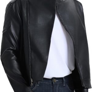 Men's Leather Jackets, Faux Bomber Jacket for Men Motorcycle Lapel Asymmetric Zip-Up Slim Fit Biker Coat
