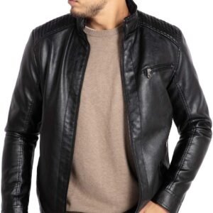 Men's Stand Collar Leather Jacket Motorcycle Lightweight Faux Leather Outwear