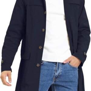 Men's Trench Coat Single Breasted Button Down Jacket Long Overcoat