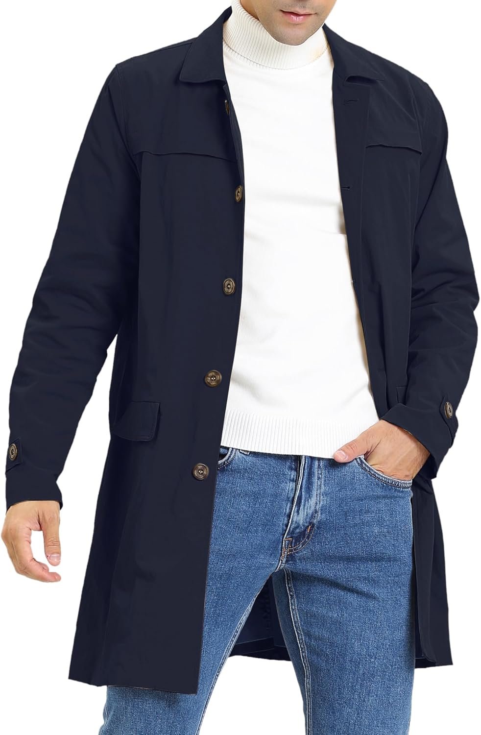 Men's Trench Coat Single Breasted Button Down Jacket Long Overcoat