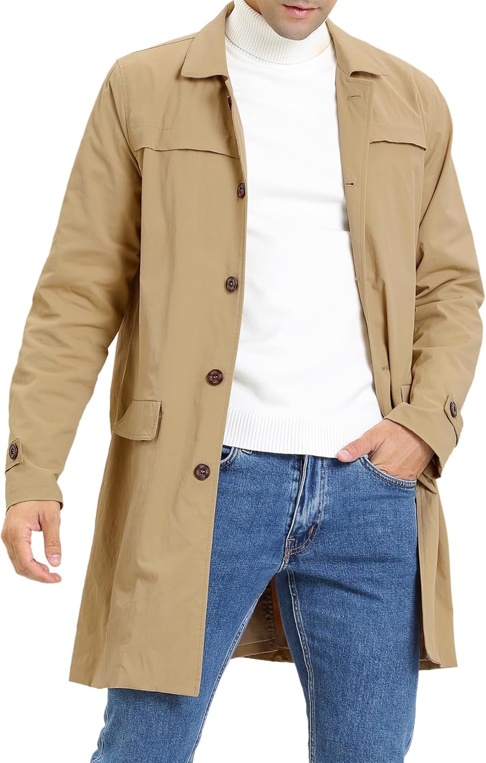 Men's Trench Coat Single Breasted Button Down Jacket Long Overcoat
