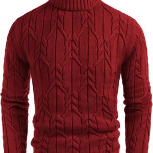 Men Turtleneck Sweater Long Sleeve Cable Knit Sweaters Slim Fit Mock Neck Twisted Pullover
