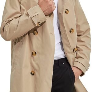 Men's Long Double Breasted Trench Coat with Belt Light Lape Windbreaker