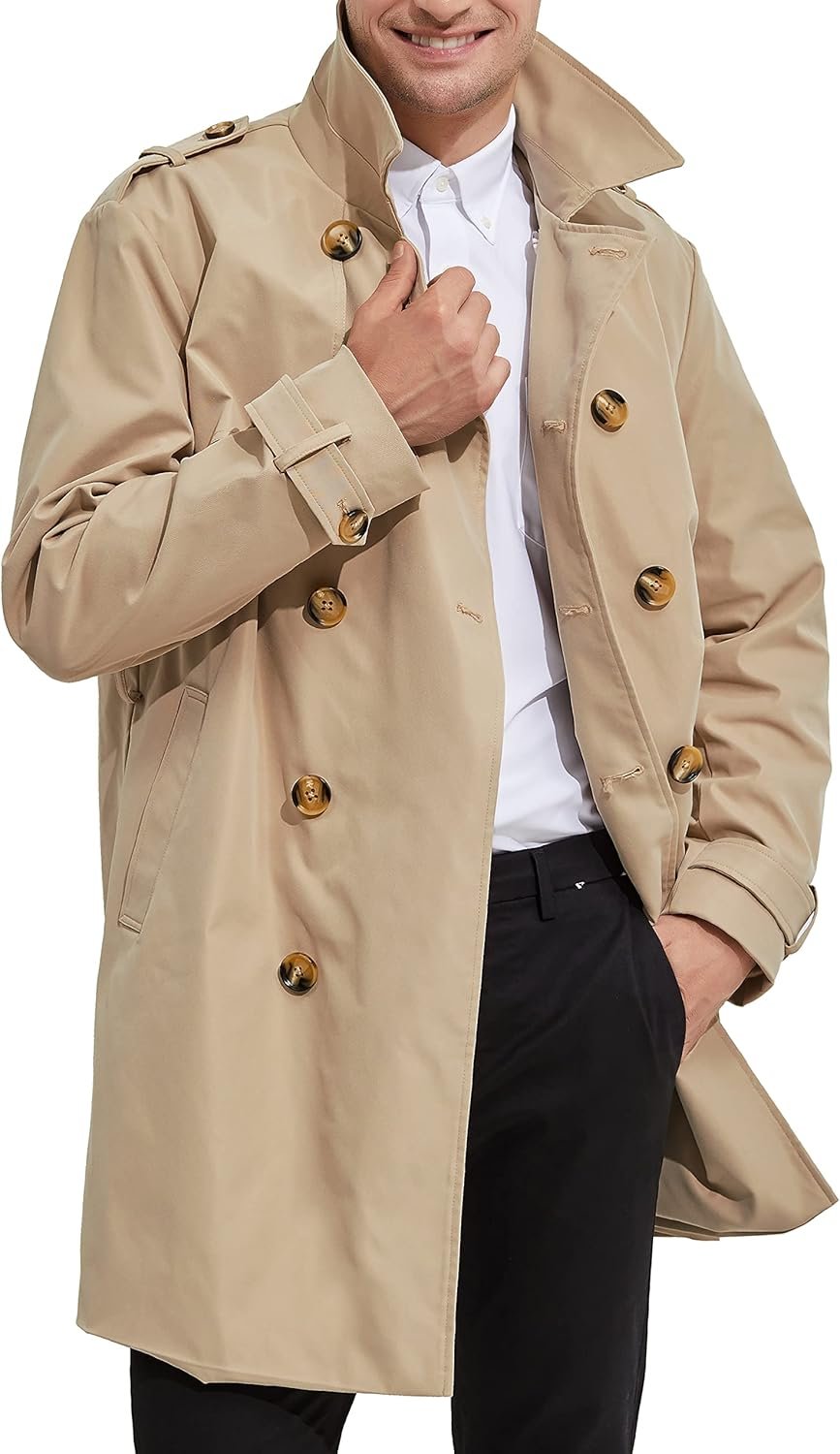 Men's Long Double Breasted Trench Coat with Belt Light Lape Windbreaker