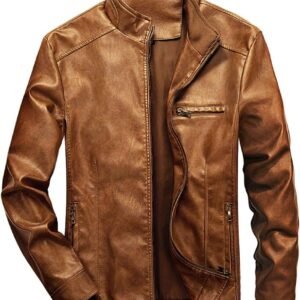 Men's Stand Collar Leather Jacket Motorcycle Lightweight Faux Leather Outwear