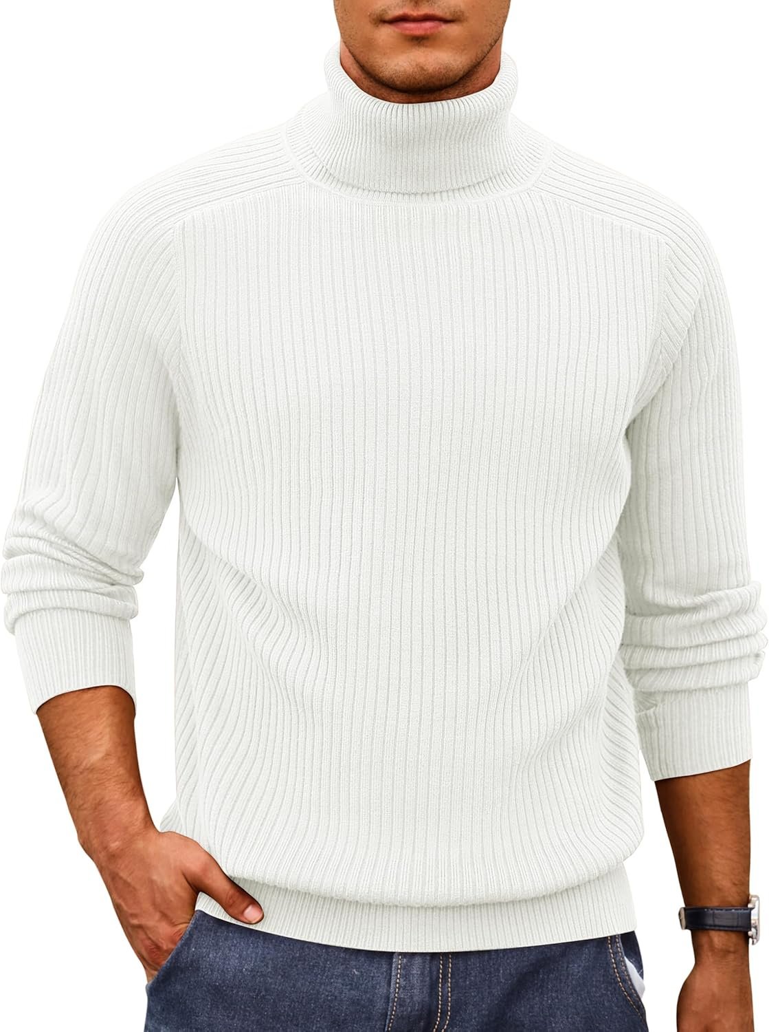 Men's Knit Turtleneck Sweater Ribbed Long Sleeve Solid Pullover Sweater Casual Winter Thermal Sweater Tops