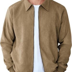 Men's Casual Suede Bomber Jacket Lightweight Full Zip Up Jackets Vintage Faux Leather Jacket