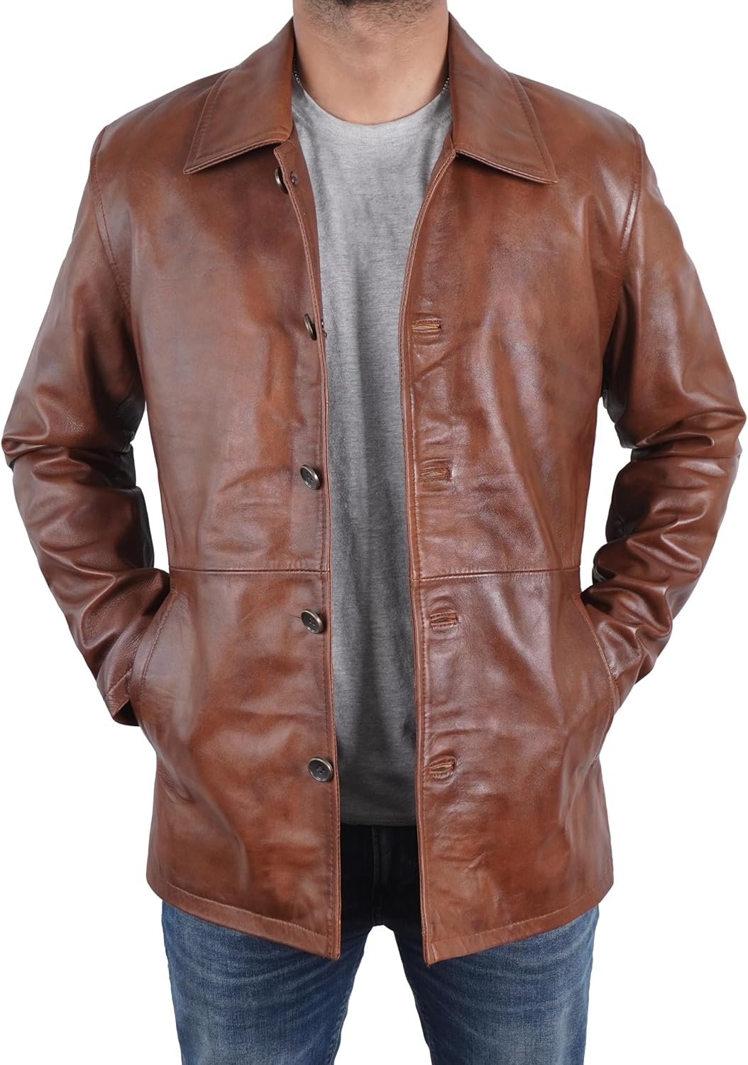 Men's Classic Winter Leather Car Coat 3/4 Length - Button Up Real Lambskin Long Jacket