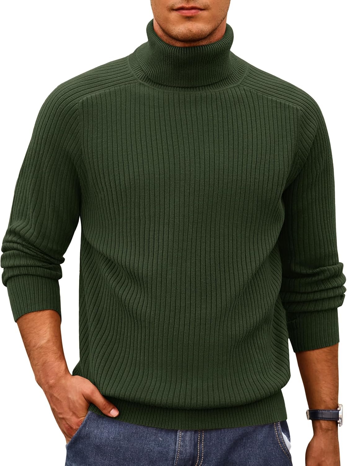 Men's Knit Turtleneck Sweater Ribbed Long Sleeve Solid Pullover Sweater Casual Winter Thermal Sweater Tops