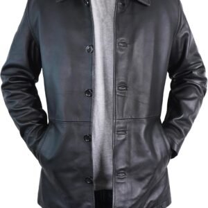Men's Classic Winter Leather Car Coat 3/4 Length - Button Up Real Lambskin Long Jacket